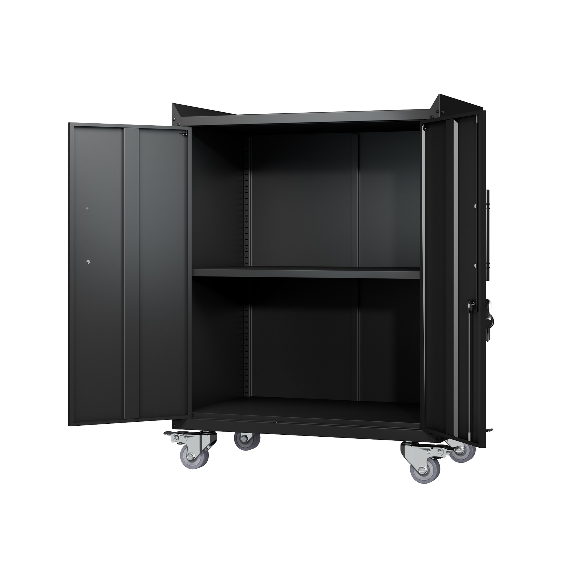 Black metal storage cabinet with two shelves and caster wheels