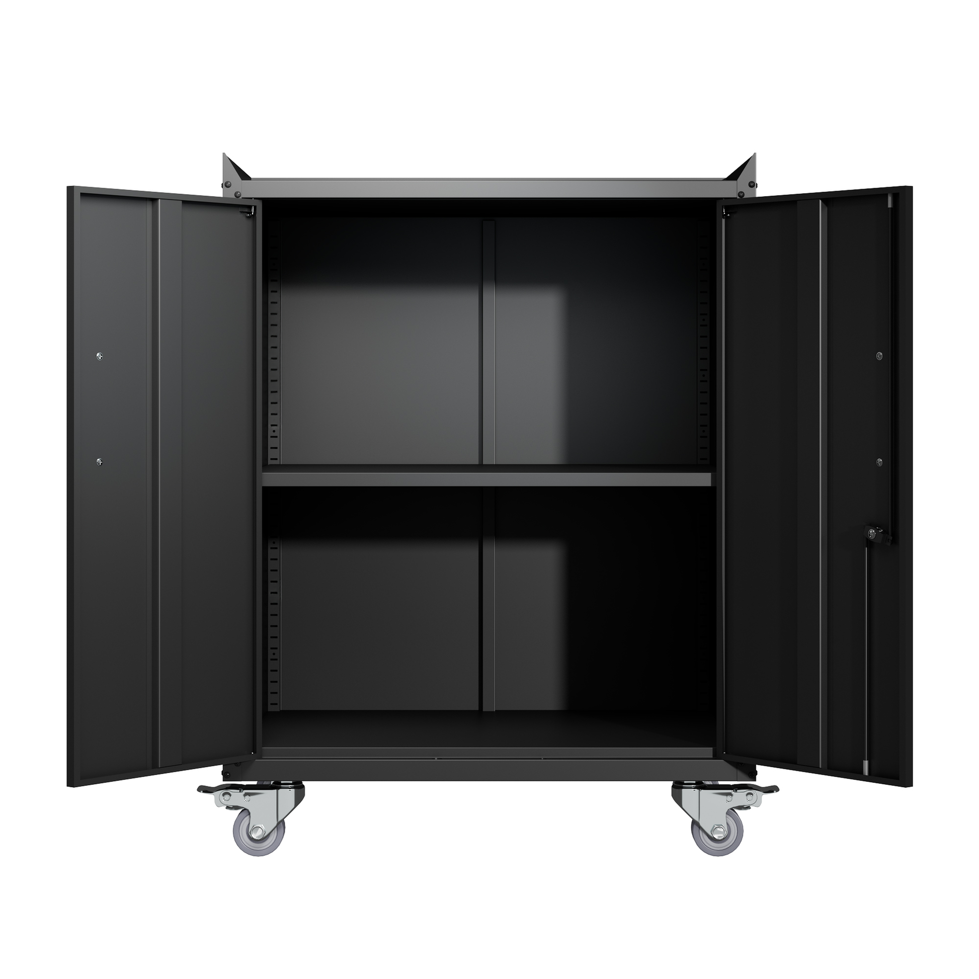 Black metal storage cabinet with open doors and two shelves featuring caster wheels for mobility