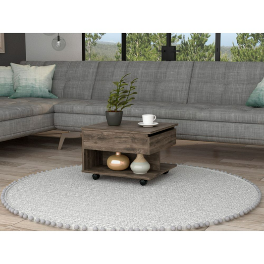 Dark wood coffee table with two open shelves and one drawer on wheels