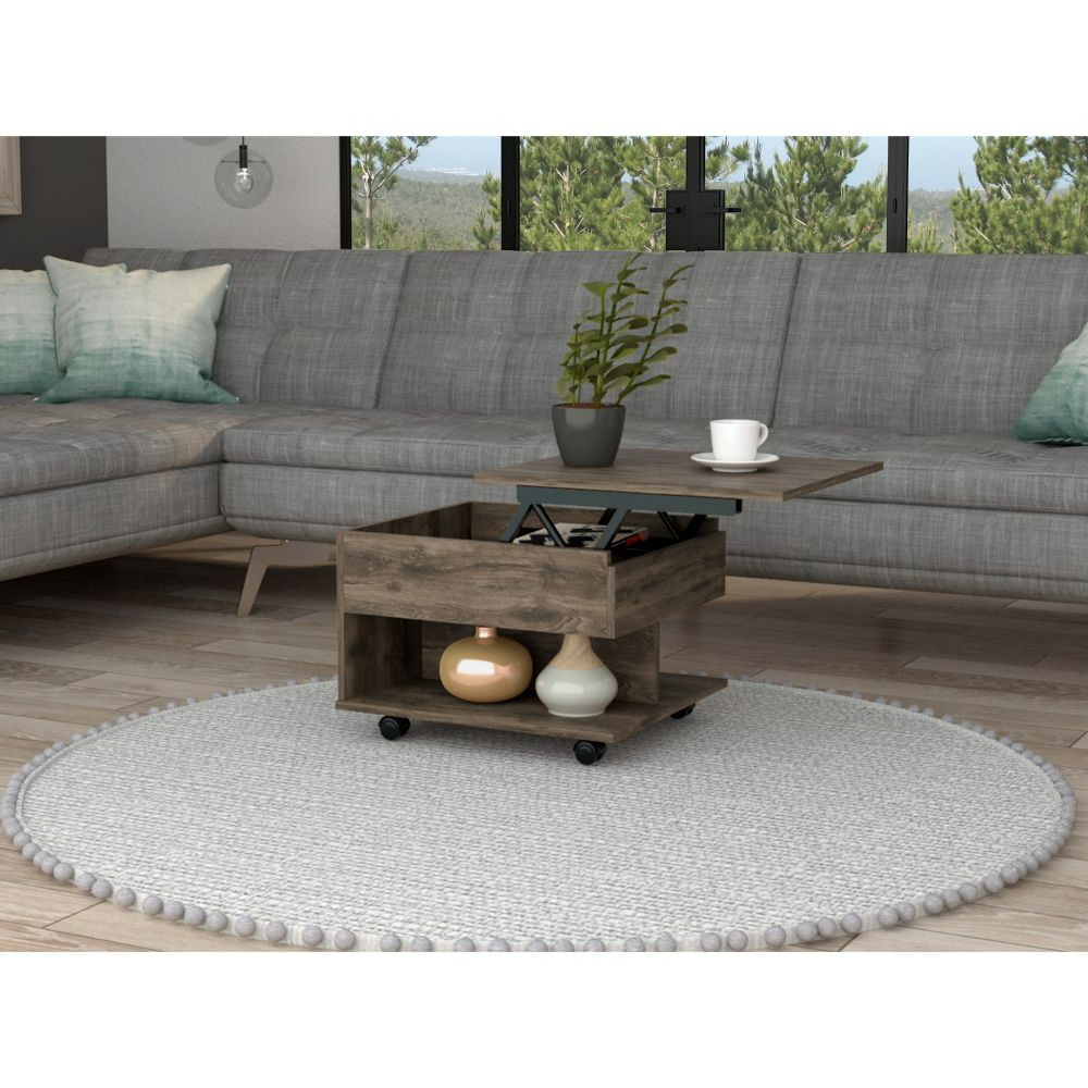 Rustic wood lifttop coffee table with hidden storage and metal mechanism