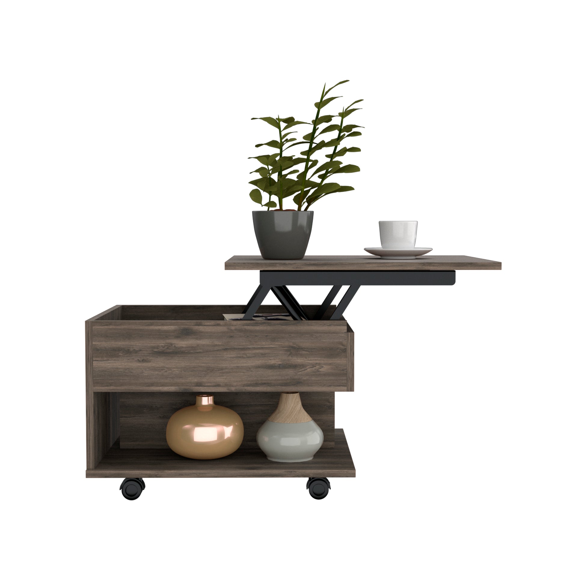 Lift top coffee table in dark wood finish with hidden storage and decorative vases