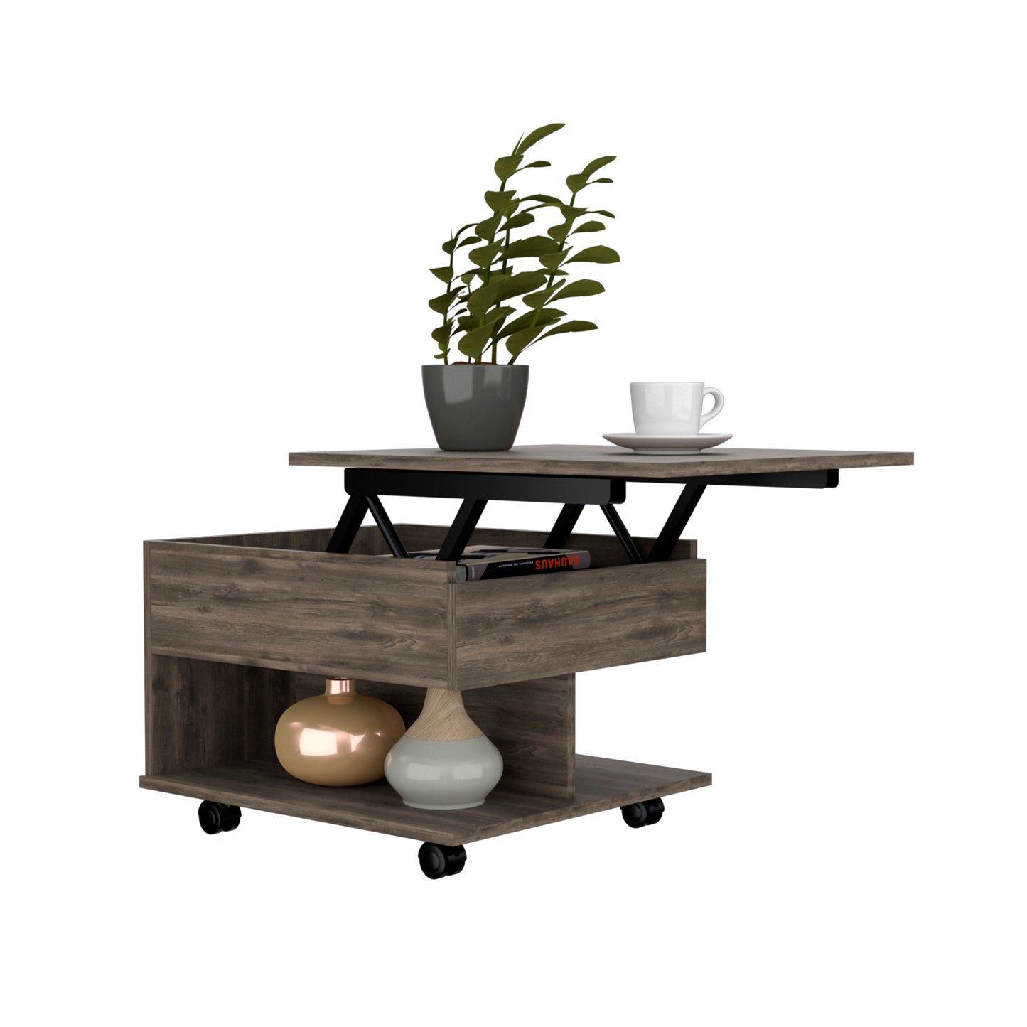 Lift top coffee table with grey wood finish and storage compartments