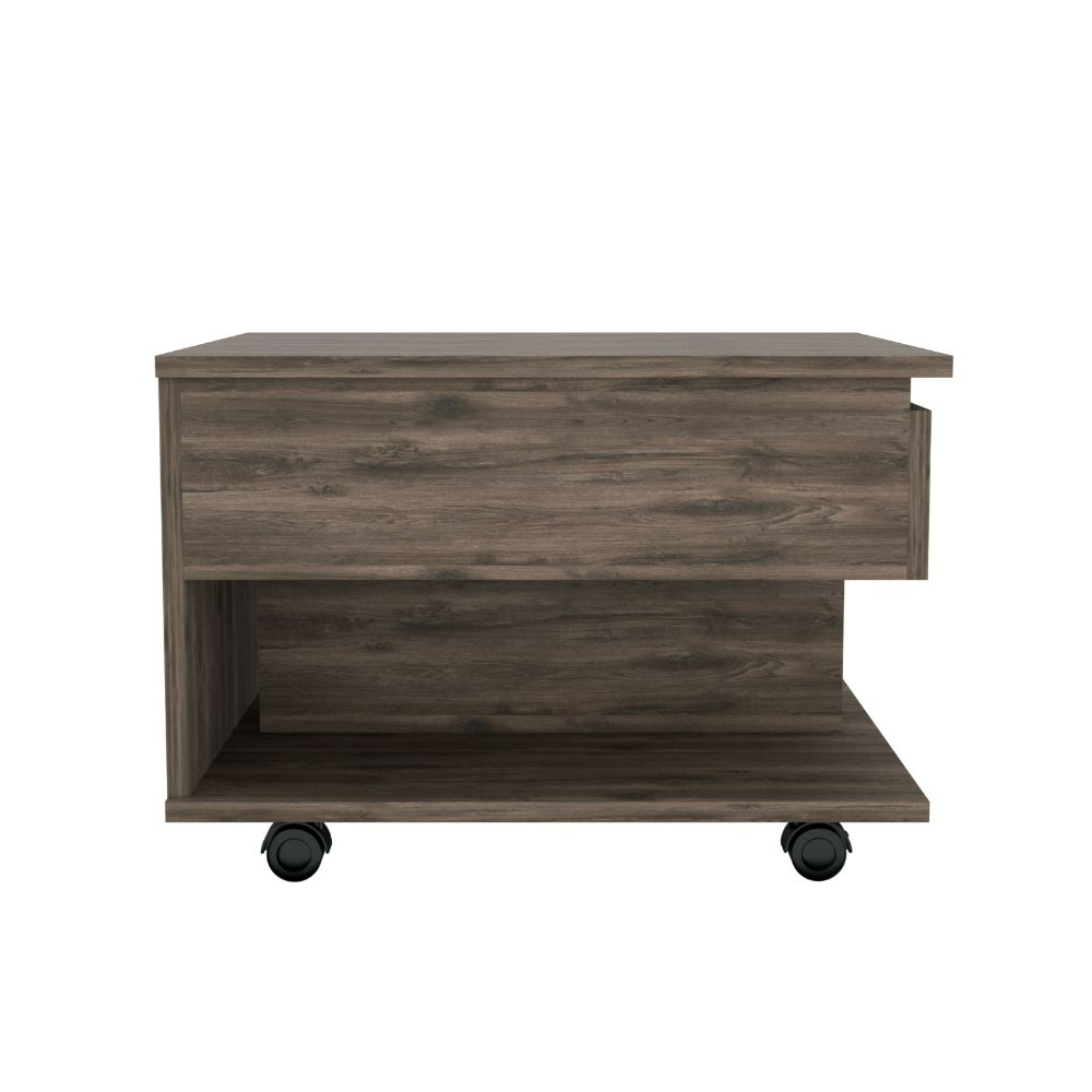 Dark wood bedside table with a drawer and open shelf on wheels