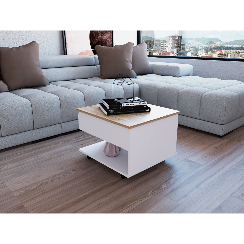 Modern white coffee table with wood top and storage shelf on wheels