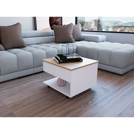 Modern white coffee table with wood top and storage shelf on wheels