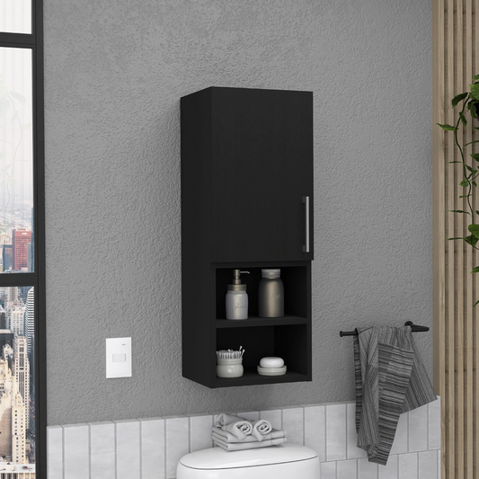 Sleek black modern bathroom wall cabinet with two open shelves and one closed compartment for storage