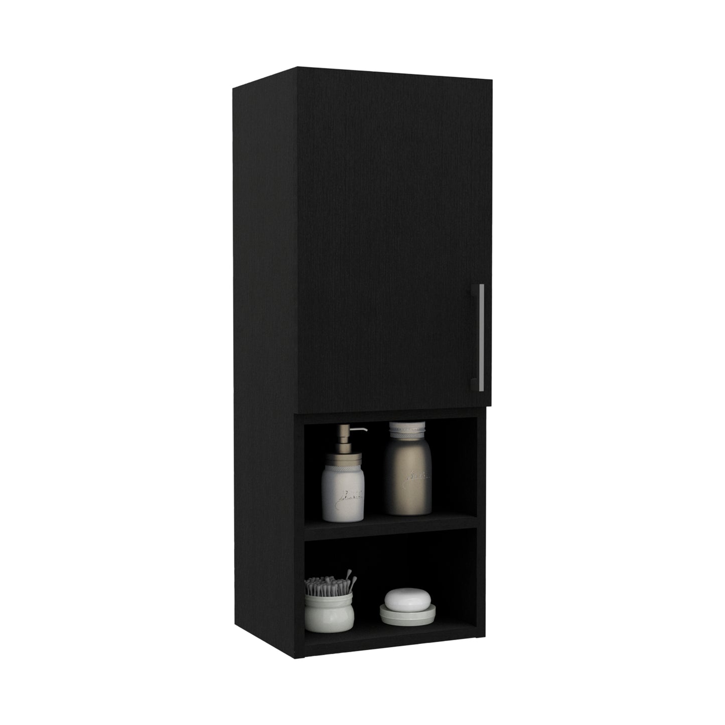 Black wooden bathroom cabinet with open shelves and a single door