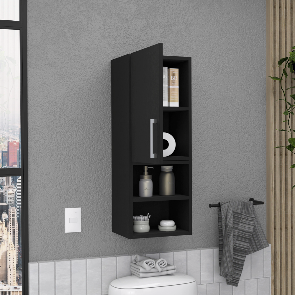Black modern bathroom medicine cabinet with open shelves and a door