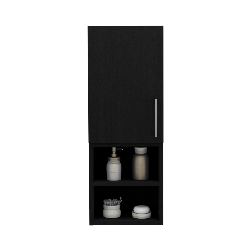 Black modern medicine cabinet with a single door and open shelving below