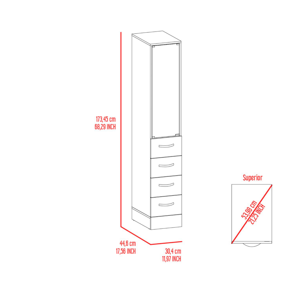 Line drawing of a tall narrow storage cabinet with four drawers