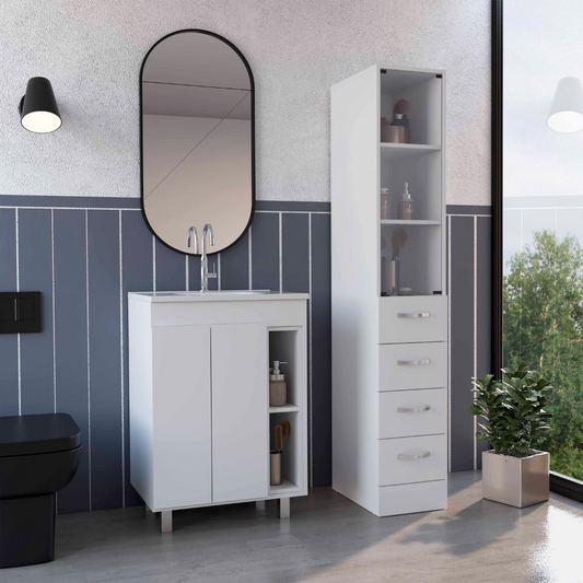 Modern white vanity with double doors and open shelving for bathroom storage