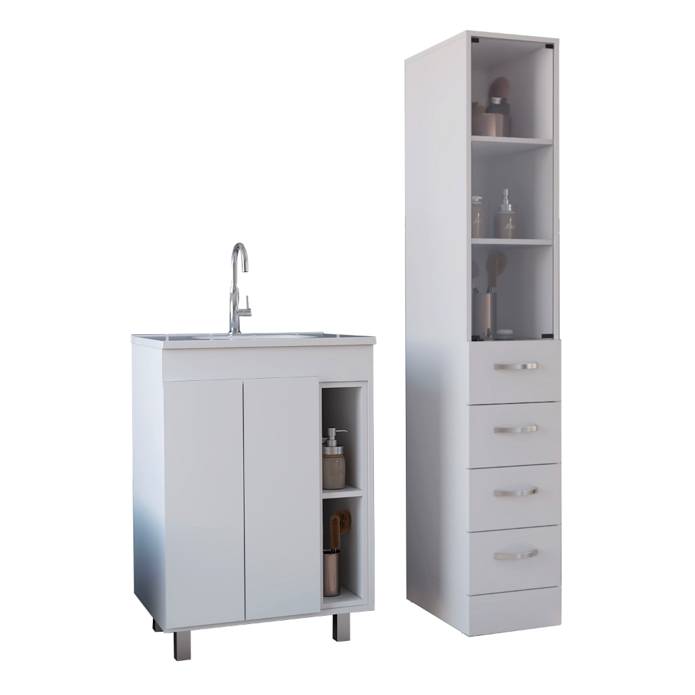 White laundry cabinet with double doors stainless steel sink and modern faucet