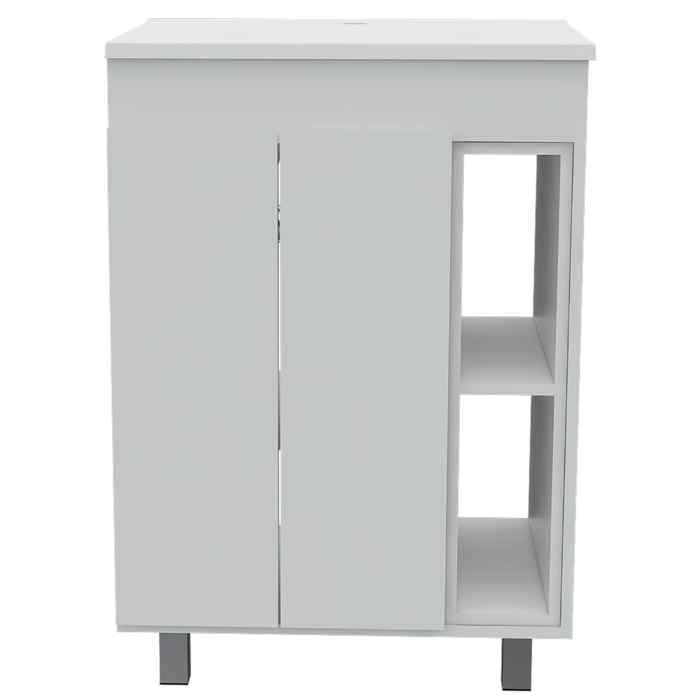 White modern vanity cabinet with two doors and open shelving unit