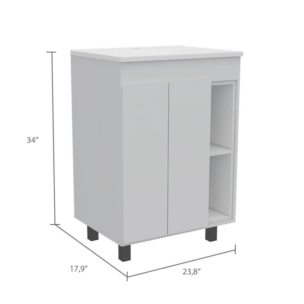 White modern vanity cabinet with two doors and an open shelf  H x  W