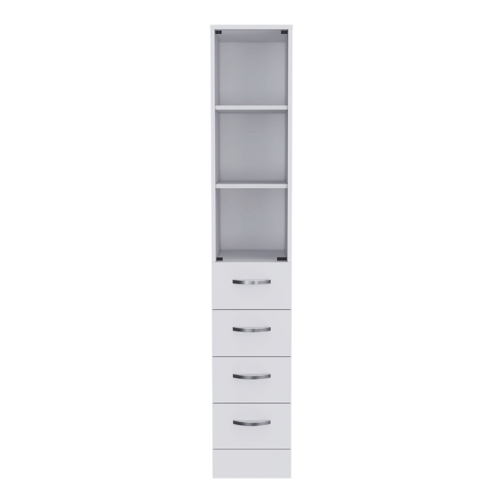 Tall white storage unit with  shelves and  drawers featuring silver handles