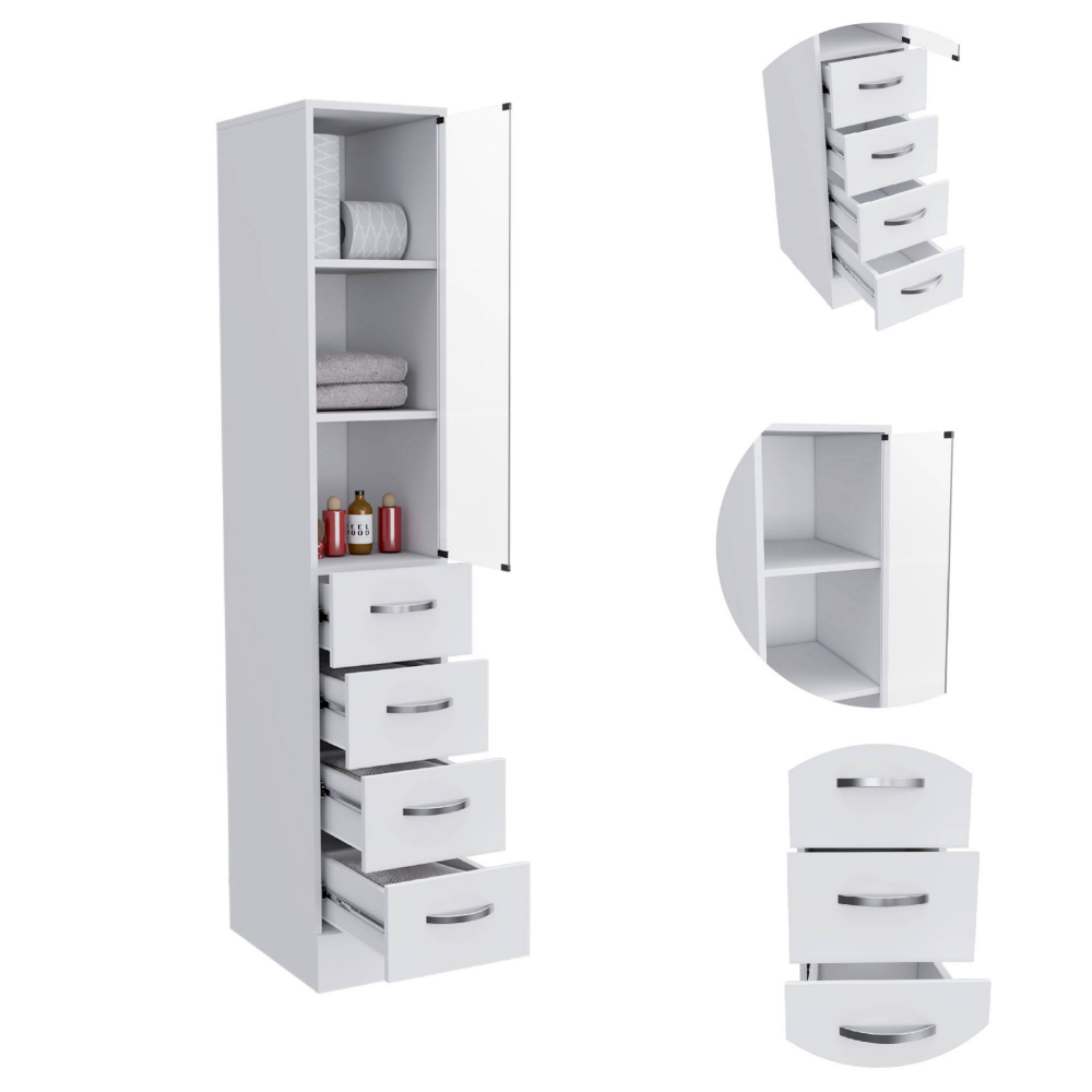 White narrow linen cabinet with five drawers and open shelving