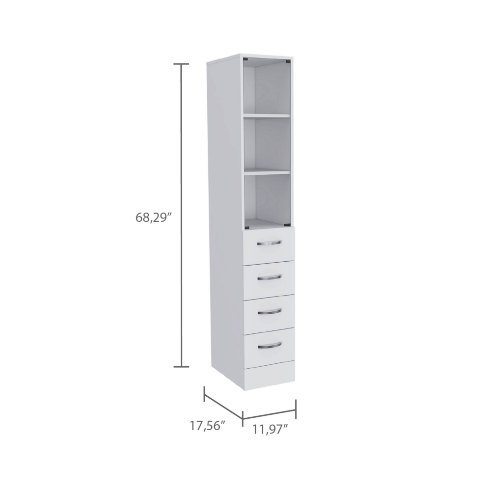 Tall white storage unit with three shelves and four drawers