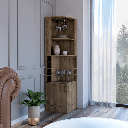 Corner bar cabinet in distressed oak finish with wine racks and glass holders