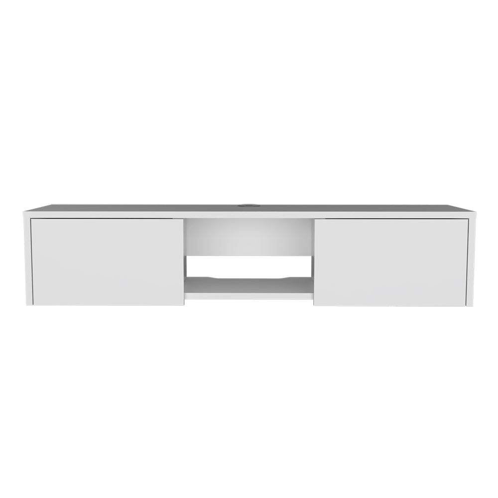 Modern white floating media console with two drawers and an open shelf
