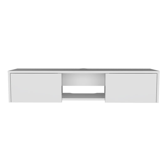 Modern white floating media console with two drawers and an open shelf