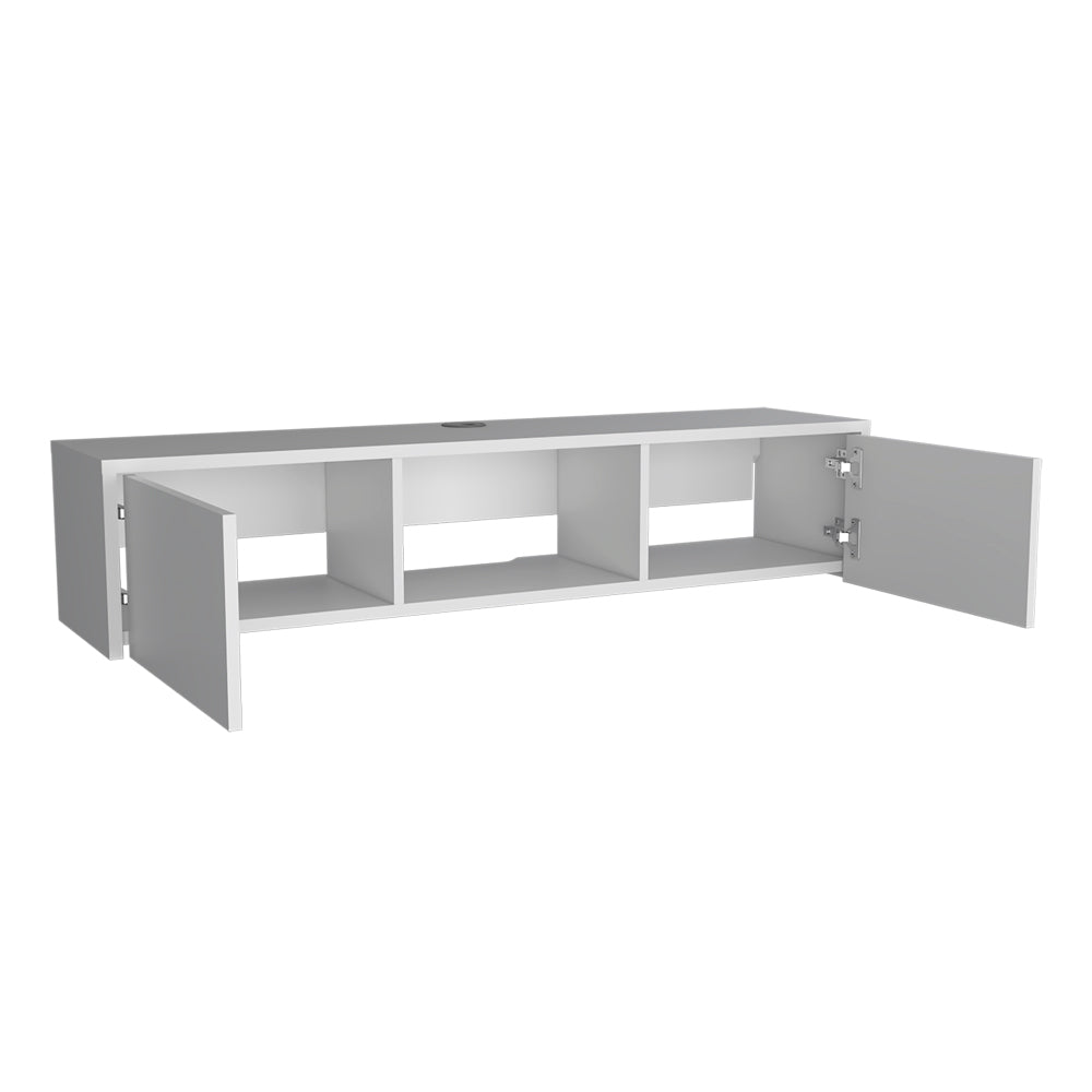 White modern wallmounted media cabinet with four open shelves and two doors