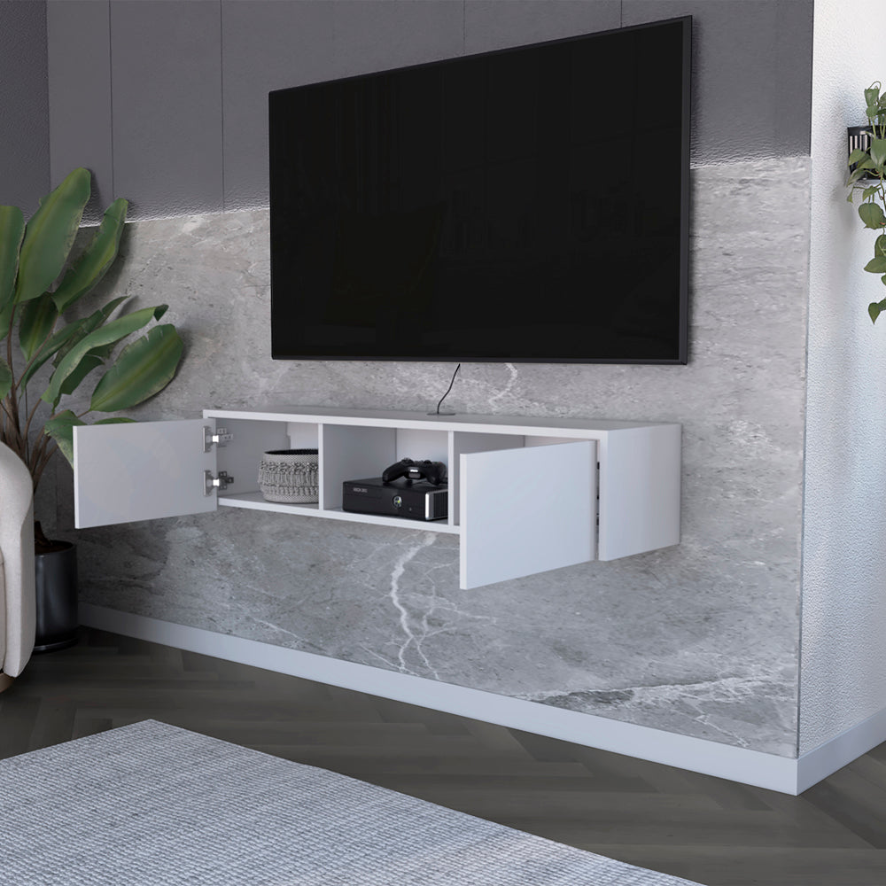 White floating TV stand with open compartments holding electronics and basket