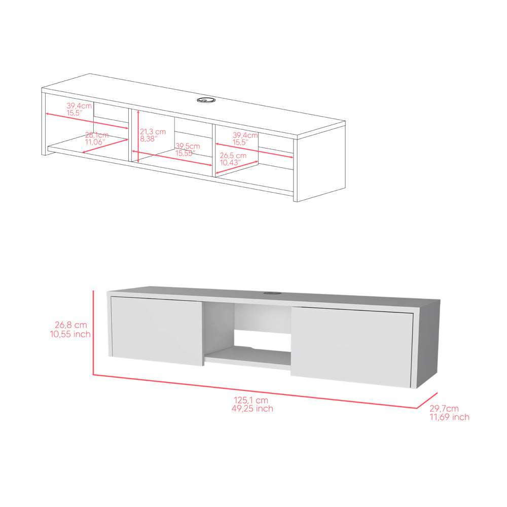 White wallmounted TV stand diagram with dimensions featuring two cabinets and open shelves