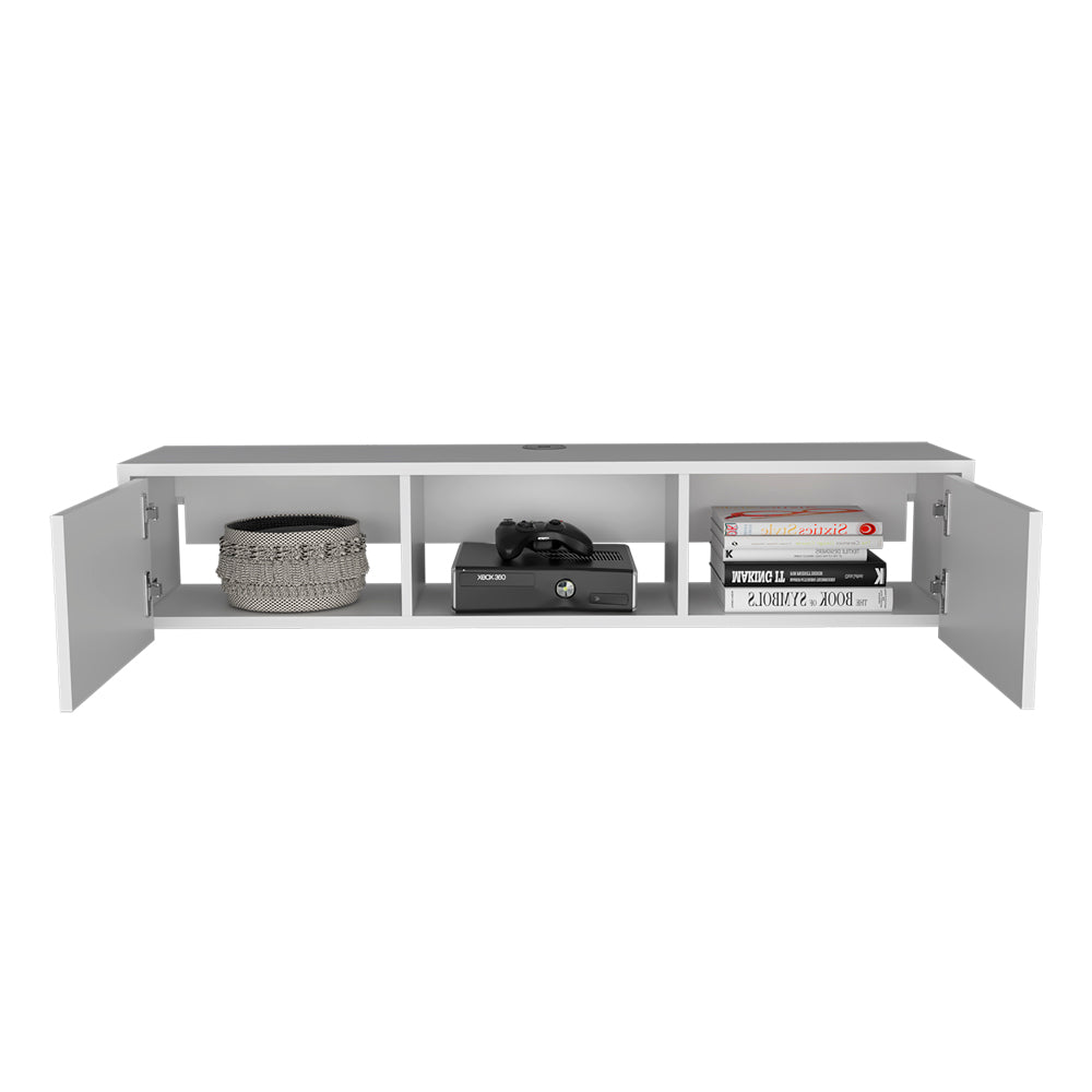 Modern white floating TV stand with open shelves and cabinets for media consoles
