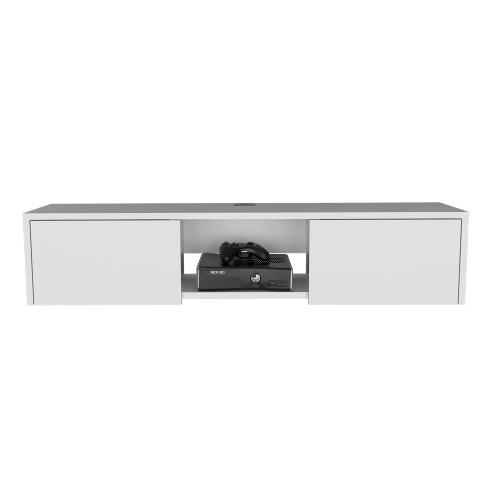 White floating media console with open shelving for Xbox  and controller