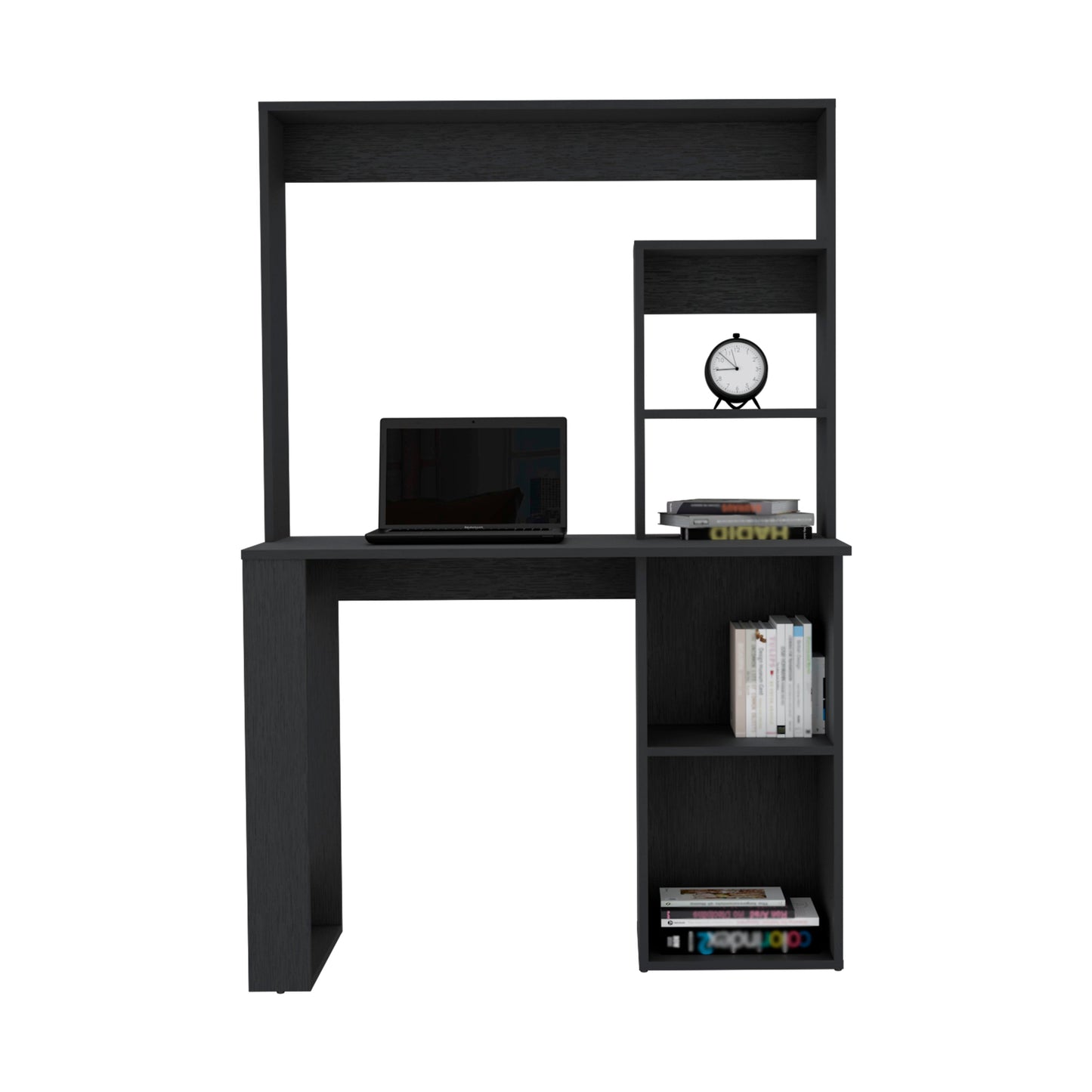 Modern black computer desk with hutch and integrated shelving for home office
