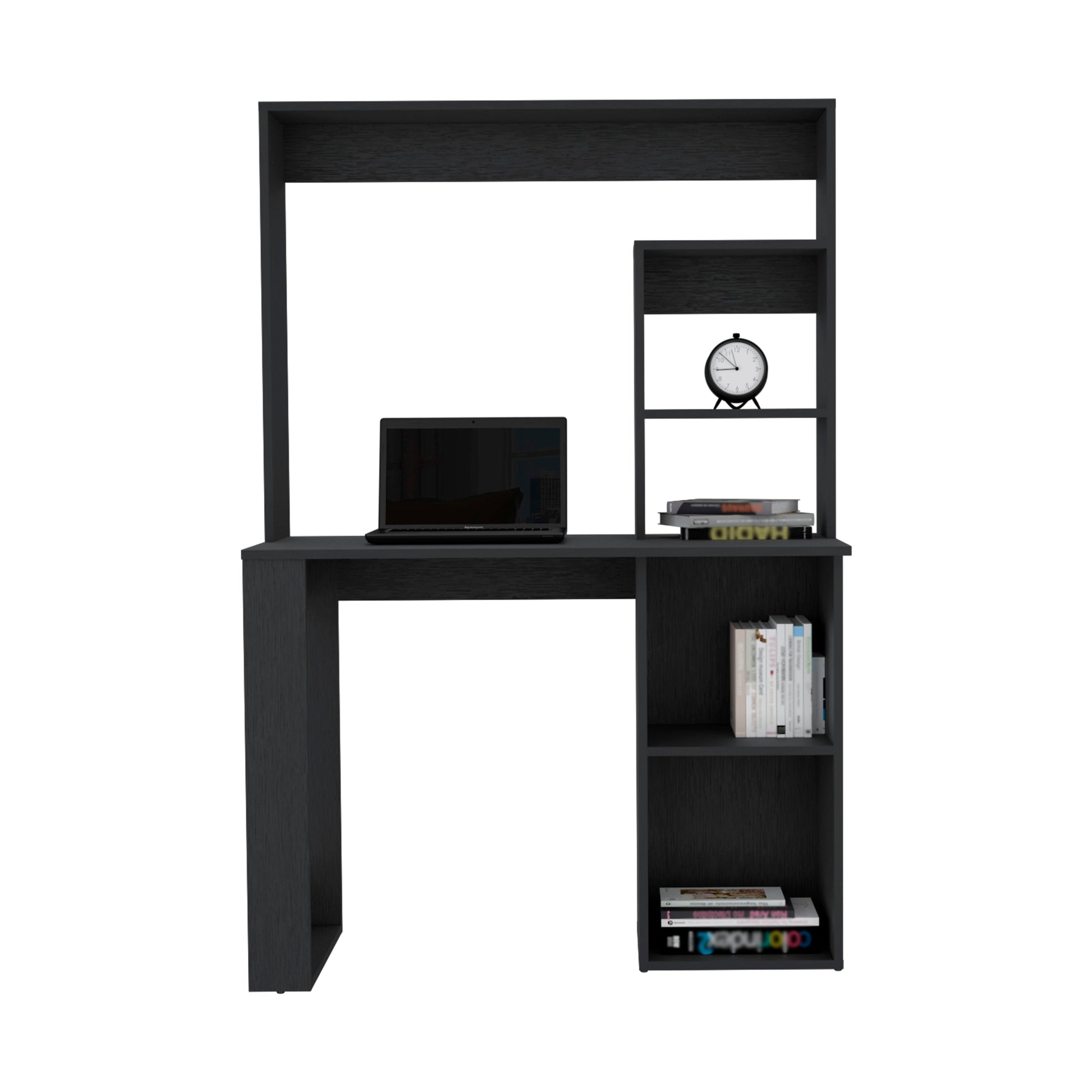 Modern black computer desk with hutch and integrated shelving for home office