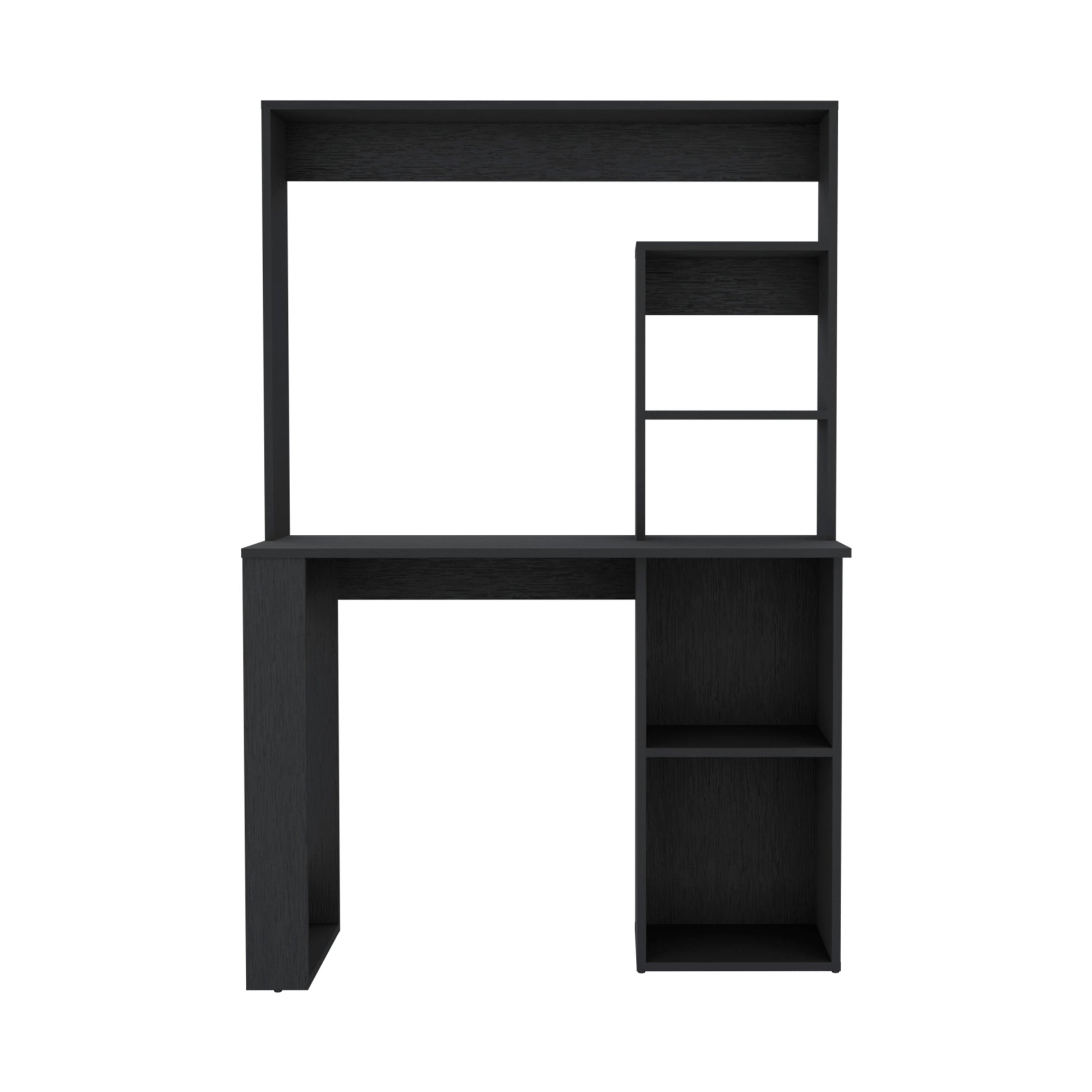 Black modern computer desk with hutch and open shelving for home office