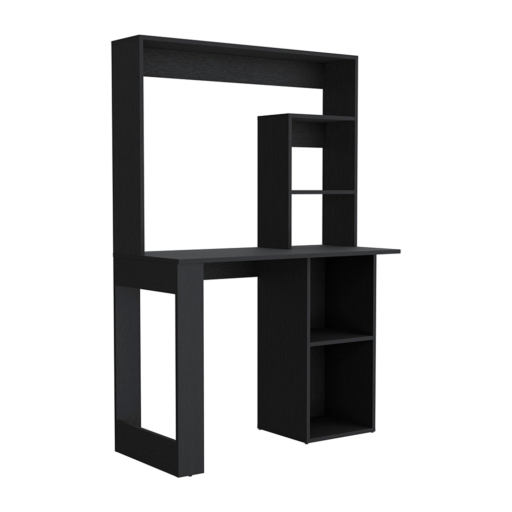 Black minimalist computer desk with multiple shelves and open cubbies for storage