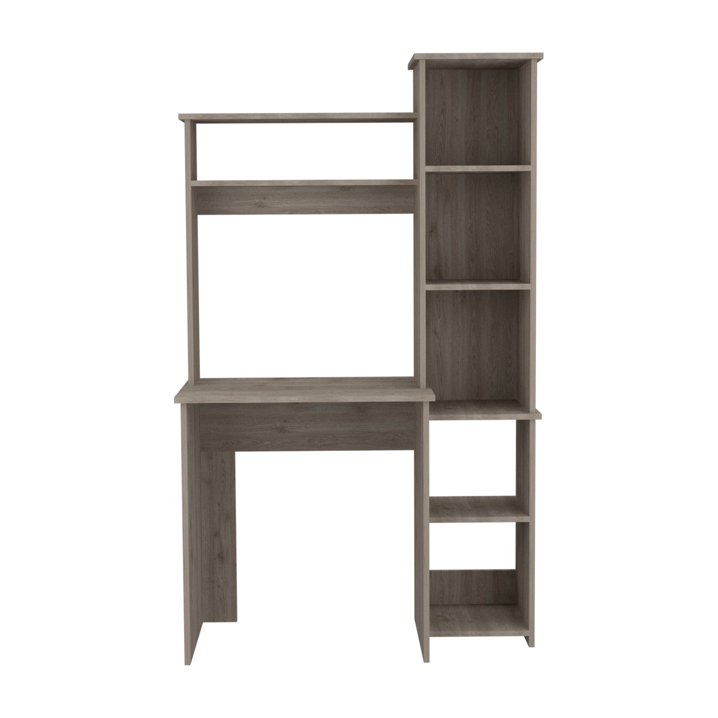 Gray wood grain computer desk with integrated shelving unit for home office
