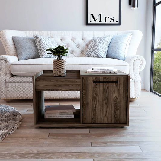 Modern end table with dark wood grain finish featuring a drawer and cabinet