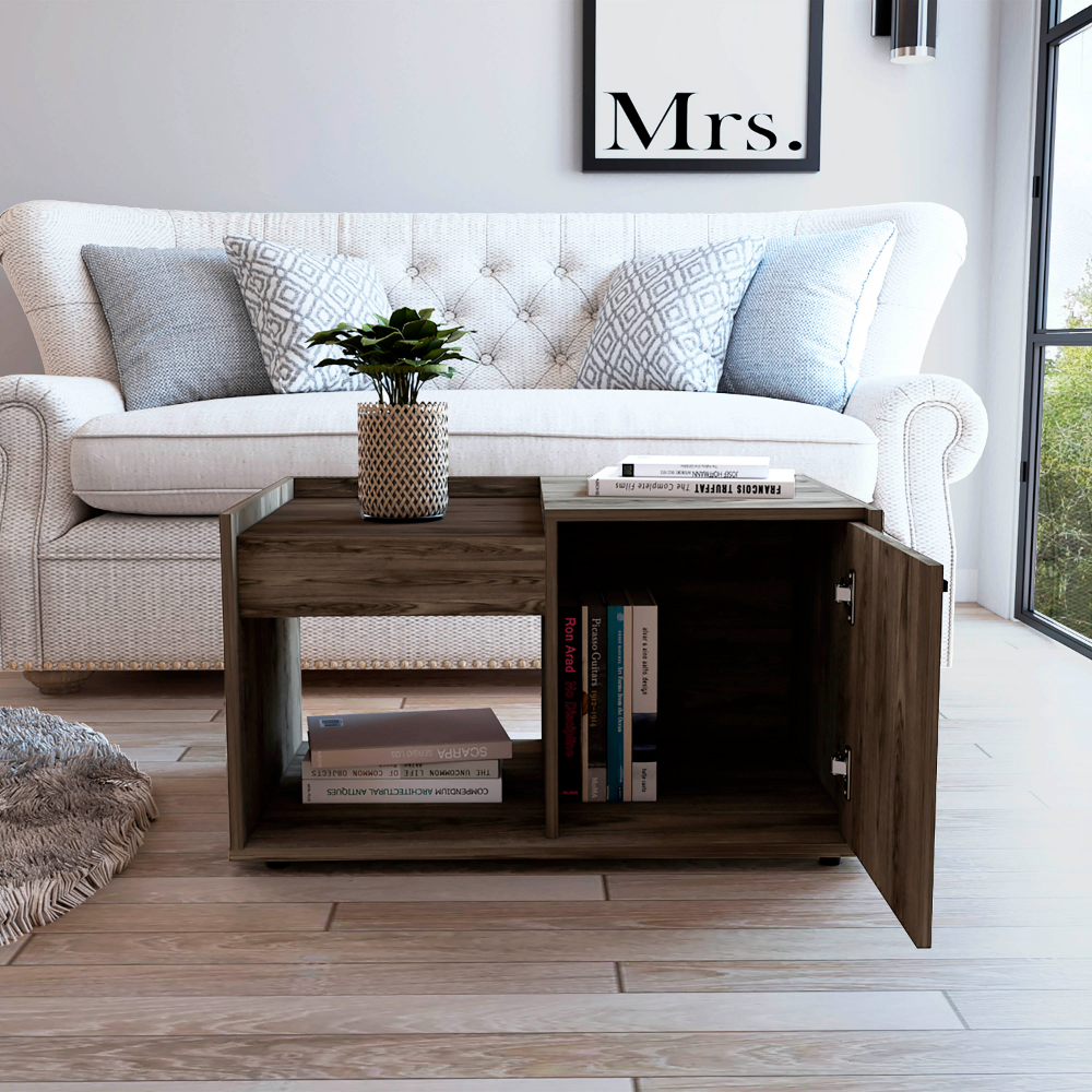 Dark wood coffee table with open cabinet and books featuring modern farmhouse style