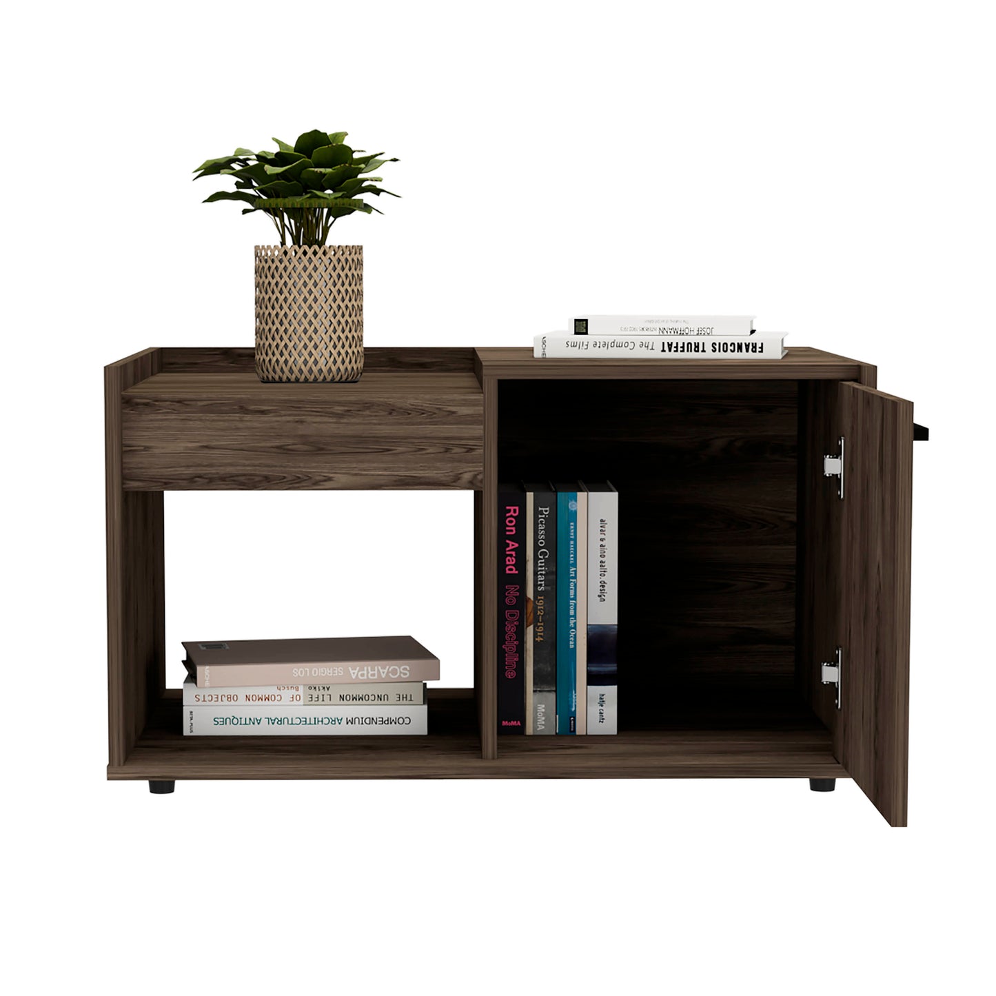 Dark wood storage cabinet with an open shelf holding books and a closed cabinet door