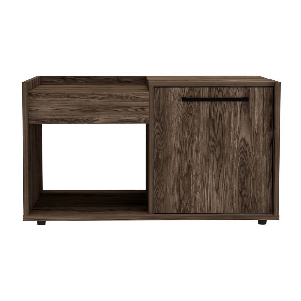 Dark wood modern side table with open shelf and cabinet