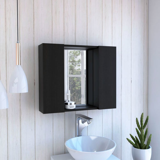 Sleek black bathroom medicine cabinet with mirrored doors and open shelving