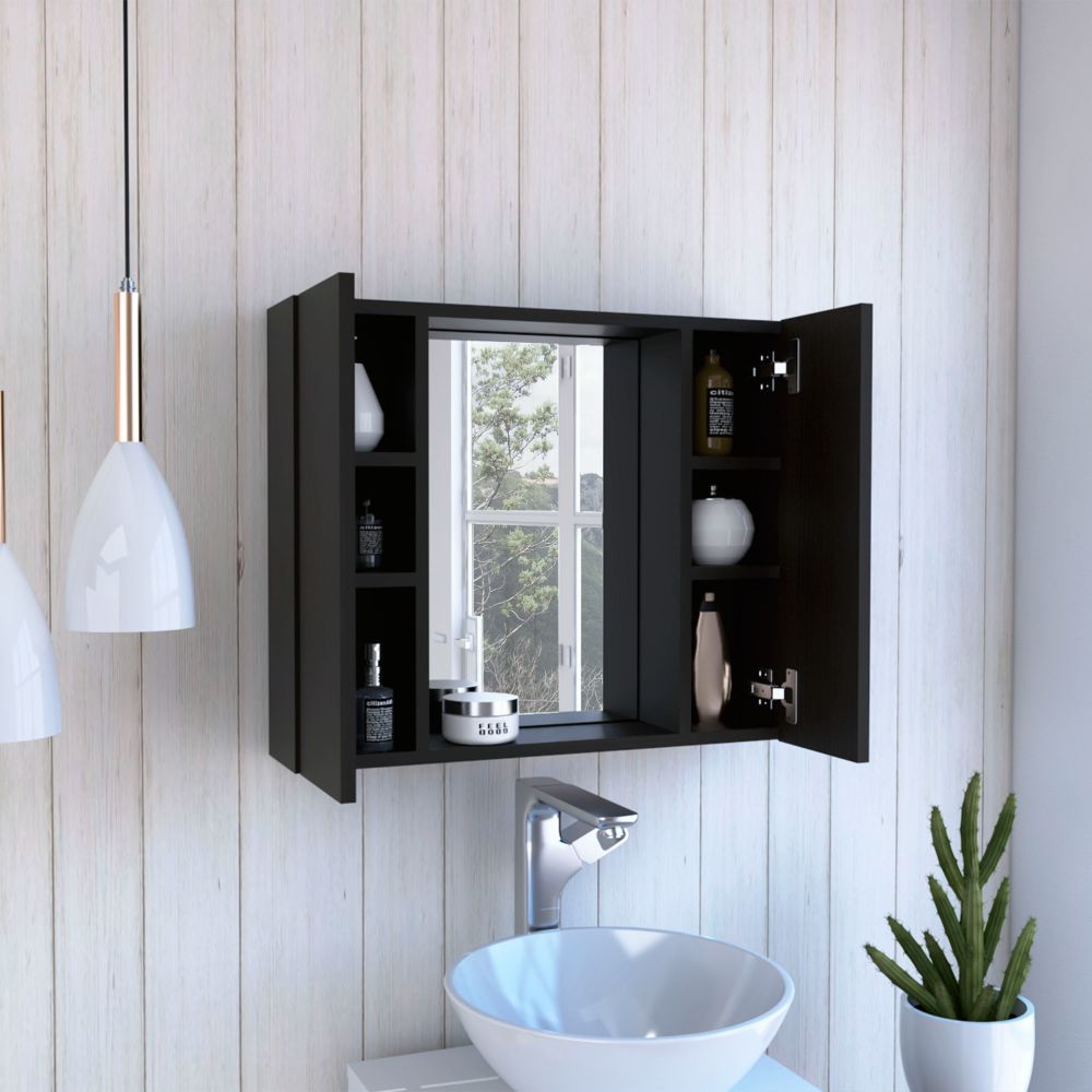 Modern black wallmounted medicine cabinet with mirrored door ideal for small bathrooms