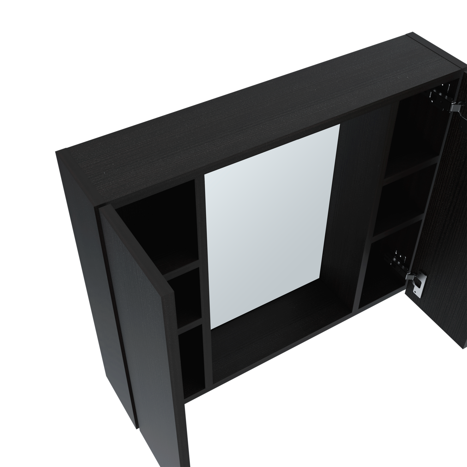 Dark oak medicine cabinet with mirrored door and open shelves