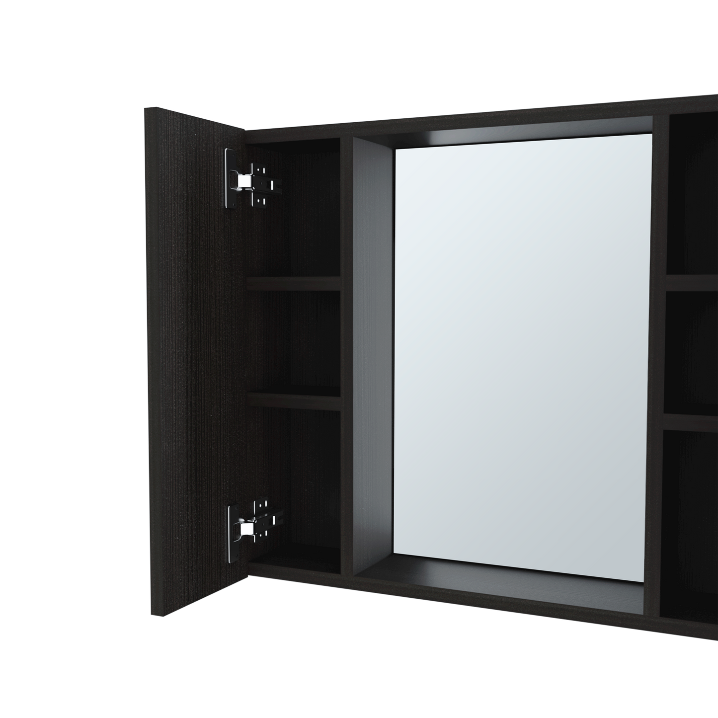 Dark wood medicine cabinet with mirrored door and open shelves
