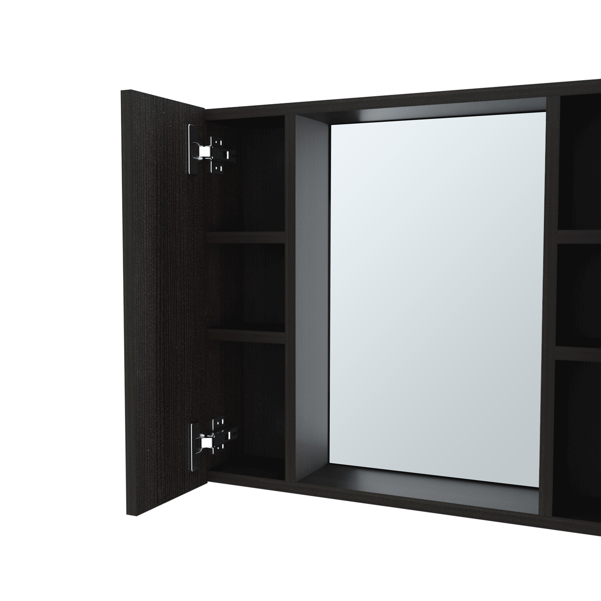 Dark wood medicine cabinet with mirrored door and open shelves
