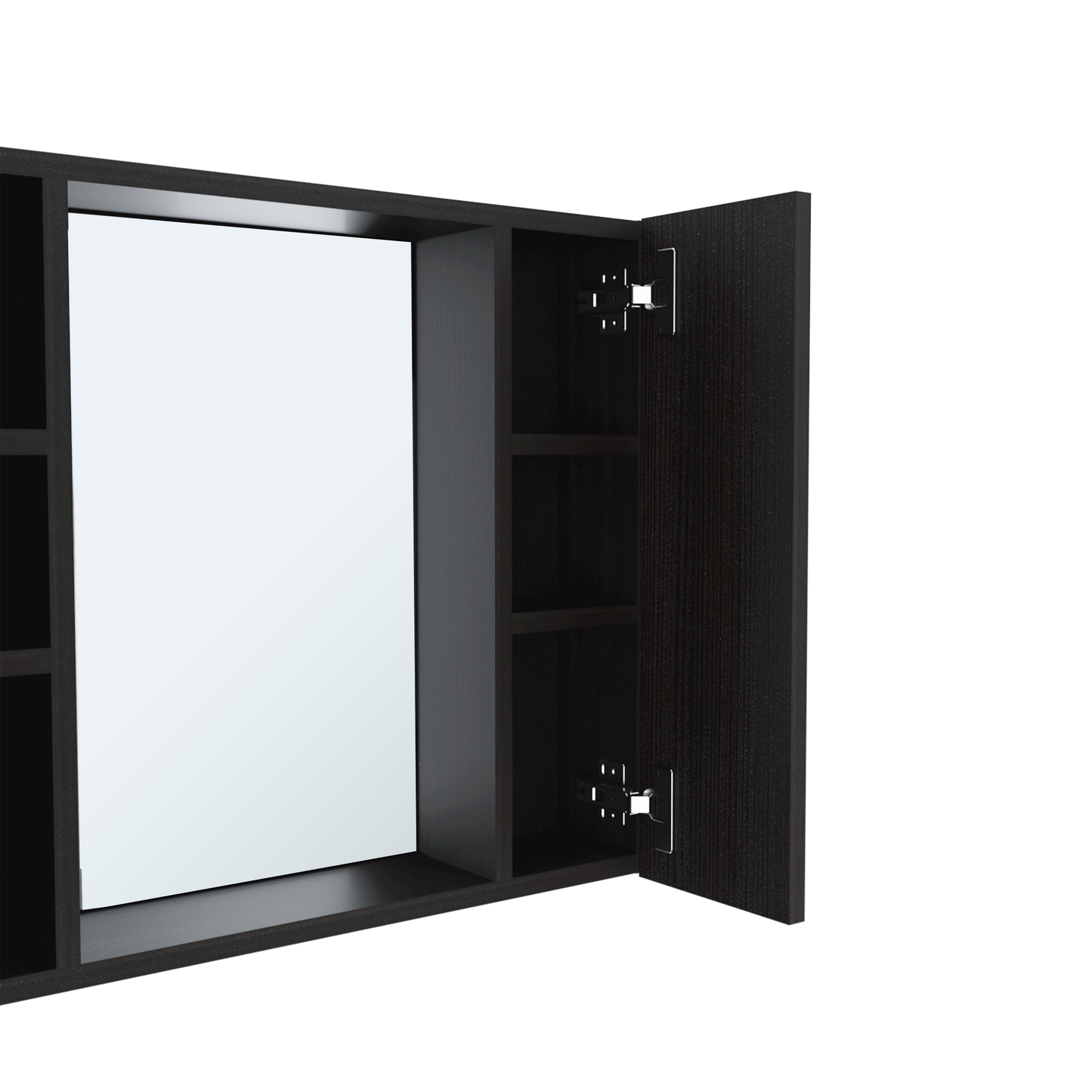 Dark wood medicine cabinet with open door and internal shelves