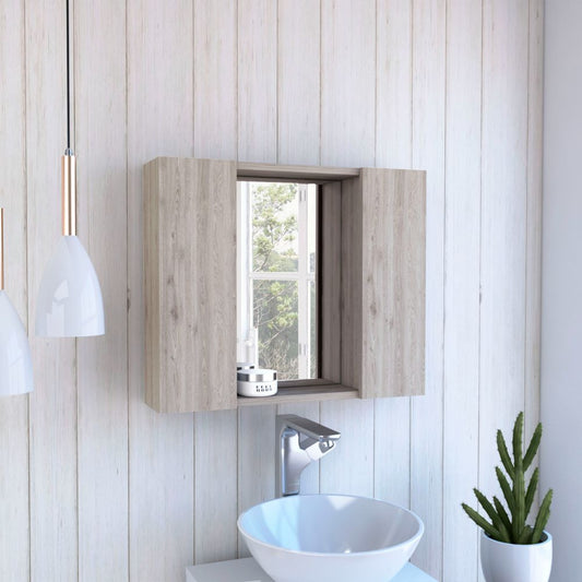 Wooden medicine cabinet with open shelves and mirrored door modern bathroom vanity
