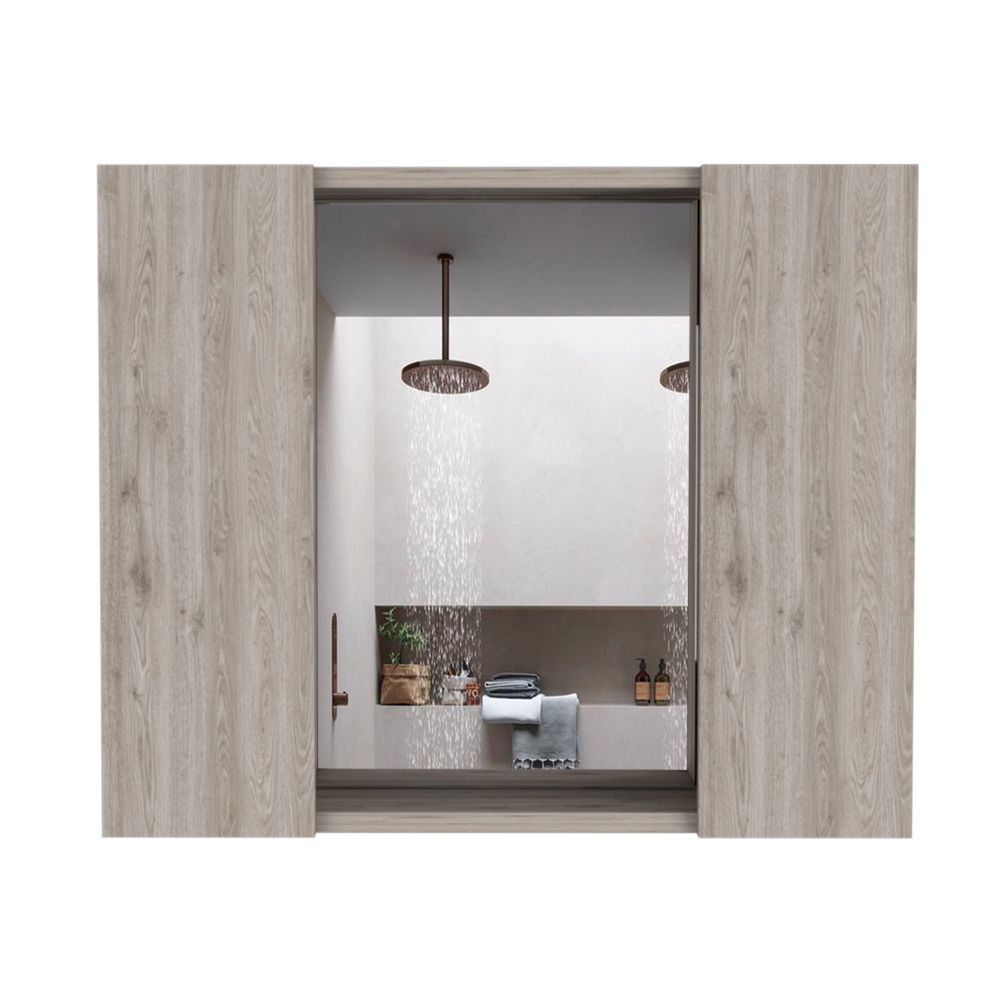 Modern rain shower head in a spalike bathroom with woodeffect sliding doors