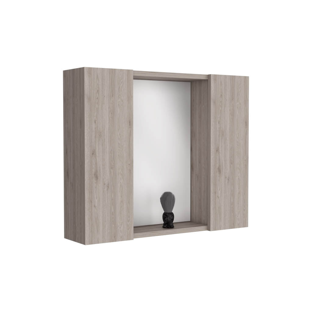 Modern oak veneer bathroom medicine cabinet with open shelf and shaving brush