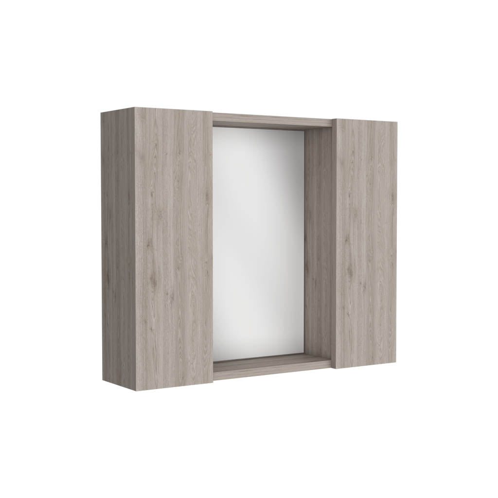 Modern grey wood medicine cabinet with large central mirror