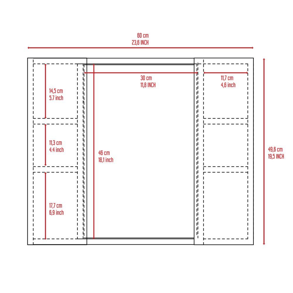 Diagram showing wardrobe dimensions  cm wide  cm high with internal compartments