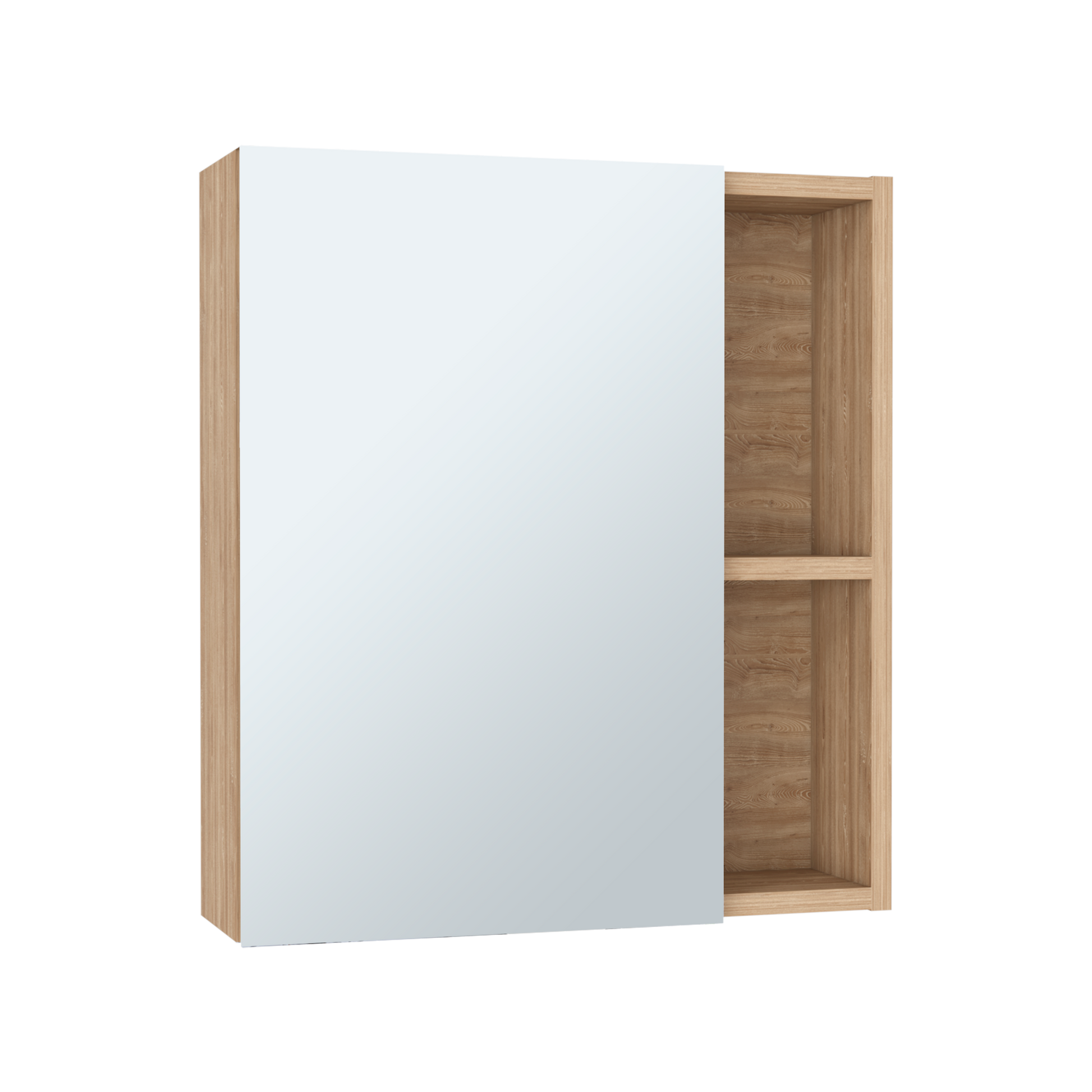 Modern wall cabinet with mirrored door and oakeffect shelving